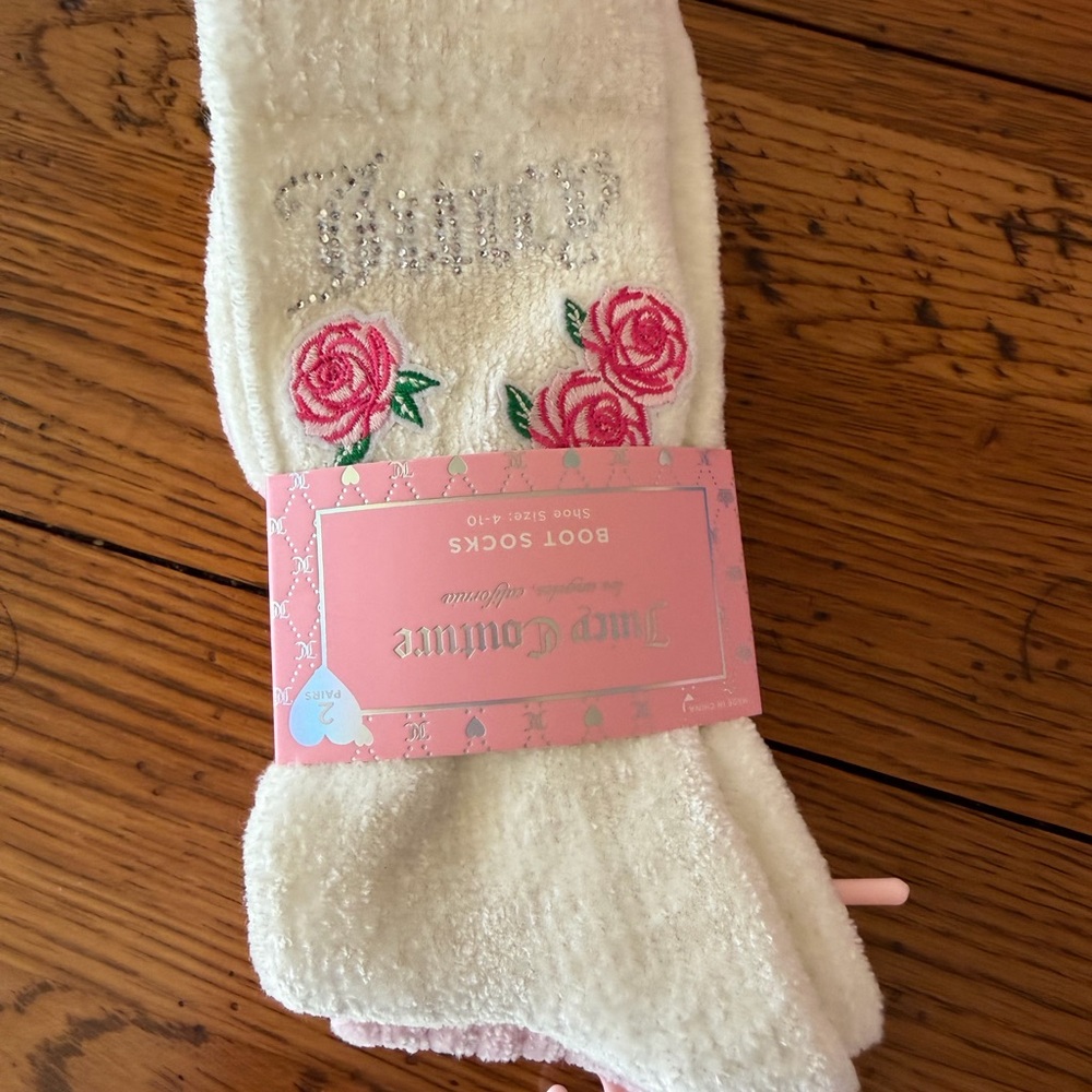 Juicy Couture White Boot Socks with Pink Rose Embroidery